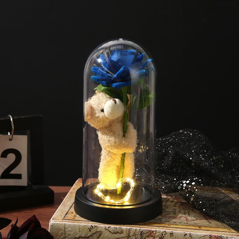 Acrylic Transparent Cover LED Eternal Flower Luminous Bear Rose Ornament Valentine's Day Christmas Gifts Light Up Party Supply