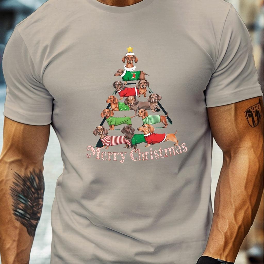 Dachshund Merry Christmas Tree Graphic Print Mens Casual Short Sleeve TShirt Crew Neck Cotton Tee