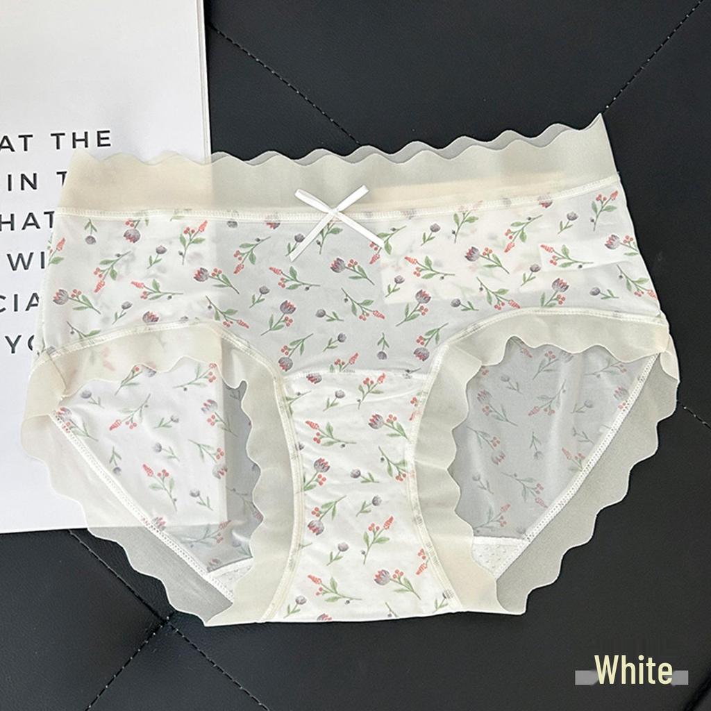 New Floral Ice Silk Girls' Underwear, Mid-Waist Seamless, Cute, Breathable, Hip-Hugging, Thin, Antibacterial Crotch, Pastoral Style