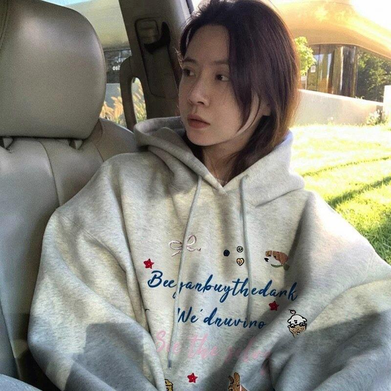 Pure Cotton Hooded Fleece Thickened Pure Cotton Sweater Women's Thin Loose E Retro Jacket