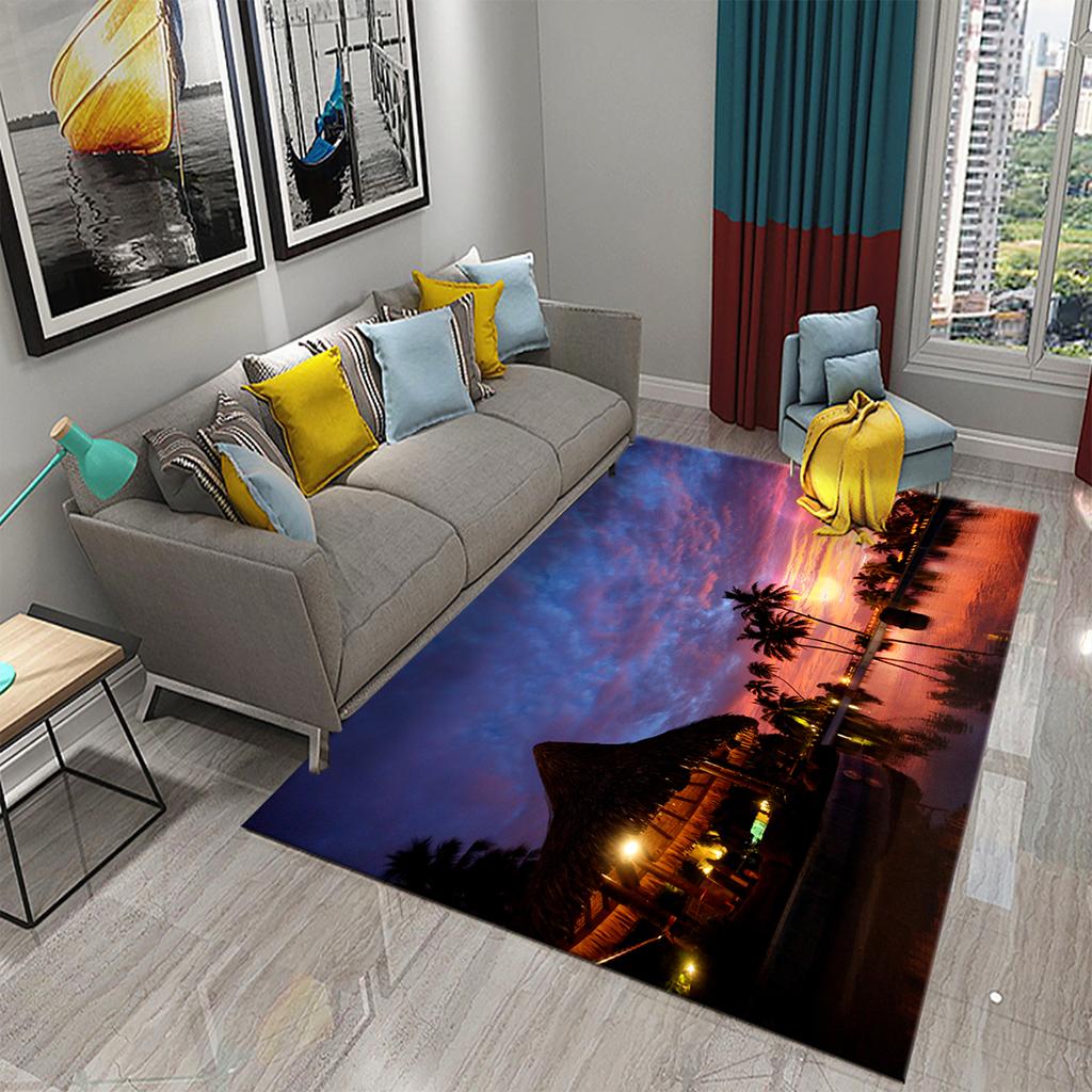 3D Tropical Island Ocean Beach Print Carpet for Kitchen Bathroom Living Room Bedroom Non-slip Absorbent Modern Home Decor Carpet