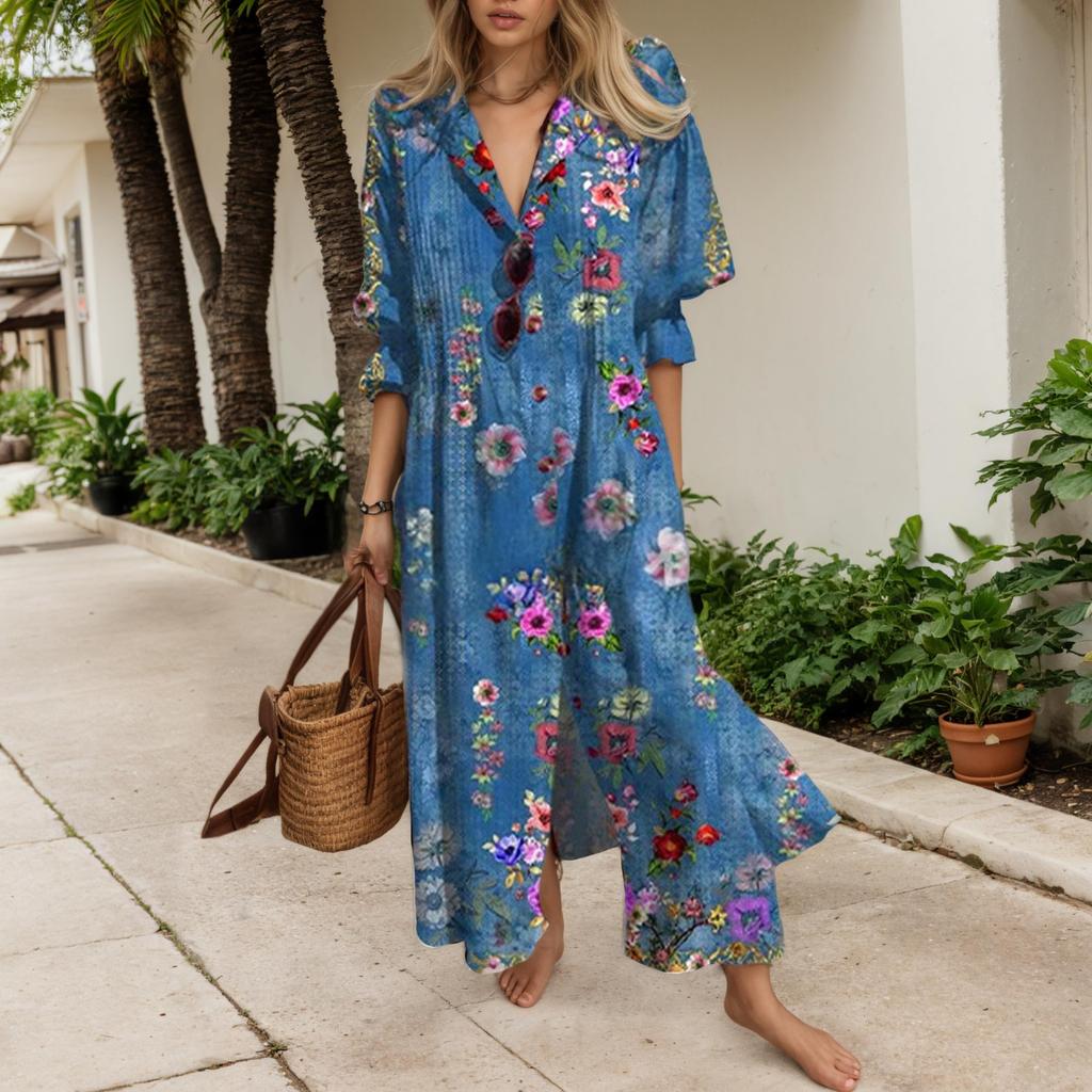 Abito Lungo da Donna a Maniche Lunghe con Bottoni Stampa Floreale Abiti Camicia Lunghi e Svasati Abito Estivo