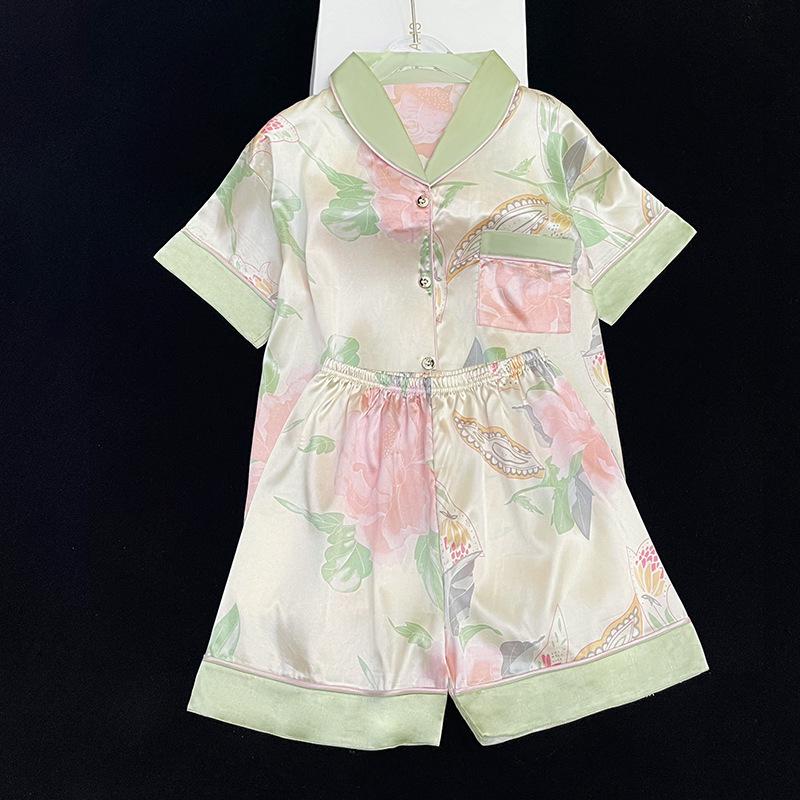 Women's Summer Pink Stripe Ice Silk Short Sleeve Pajama Set for Indoors and Outdoors