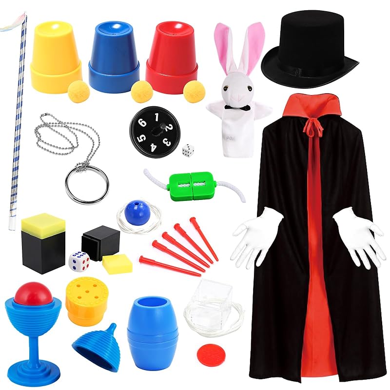 Skirfy Magic Tricks and Toys, 12 Types, Magic Supplies, Magic Set, Magic Wand, Magic Bag, and Magic Costume, Perfect for Kids and Elementary School