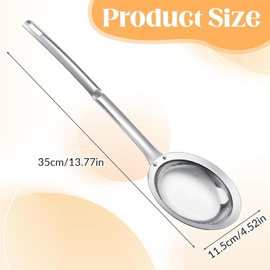 Skimmer Spoon Filter Grease Foam Fine Mesh Stainless Steel Sieve Colander, Extra Fine Strainer With Handle Handheld Fry Oil Filter for Cooking Sieve