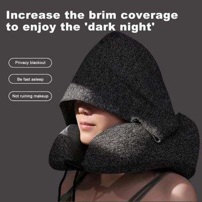 Travel Neck Pillow with Hood Memory Foam U-shaped Pillow with Adjustable Drawstring Breathable Neck Cushion for Airplane Car Long Flights Road Trips