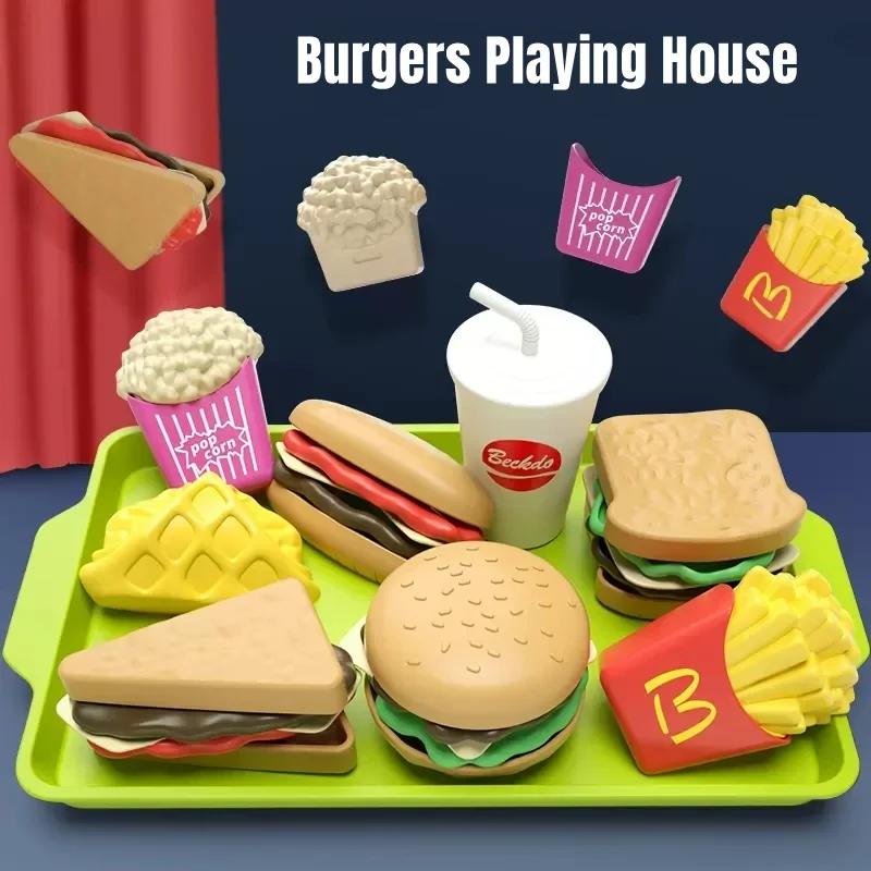 9 PCS Detachable Plastic Hamburger Pretend Toy Fast Food Play Set for Kids with Hamburger Fries Coke Sandwich Popcorn and Tray