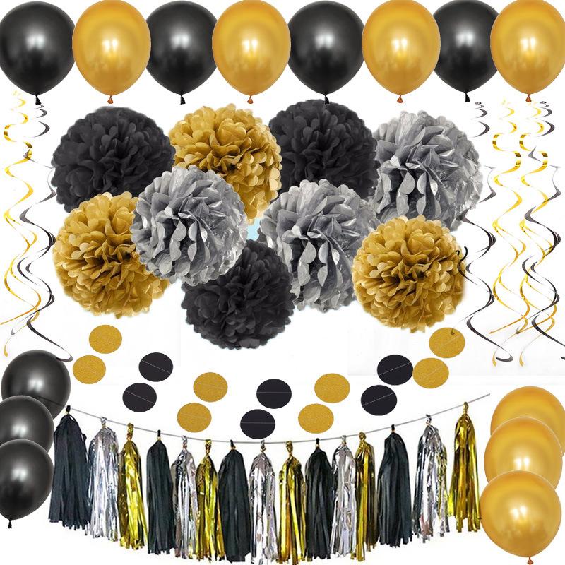 Birthday Party Decoration Set Black Gold Theme Birthday Arrangement Rain Curtain Flag Party Decoration Balloon