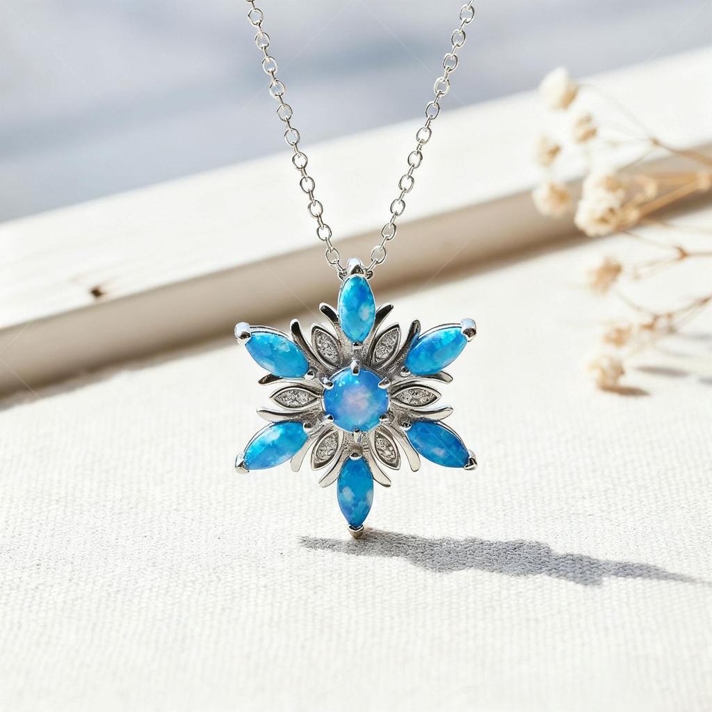 Snowflake Pendant Necklace - Imitation Opal Fashion Accessory for Christmas Parties