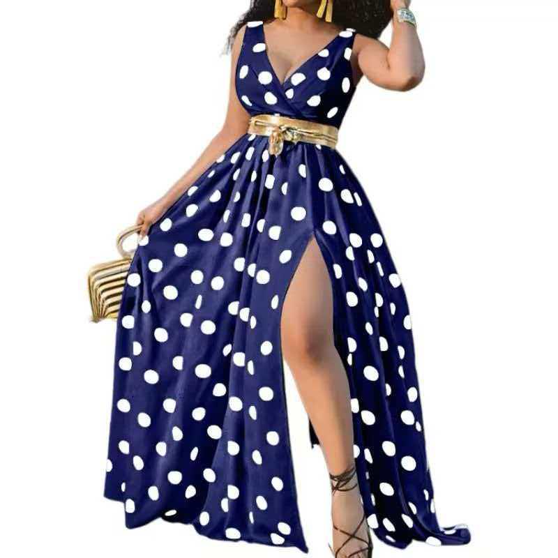 Polka Dot Print Sleeveless Elegant Slit Dress for Women X-Large темно-синий