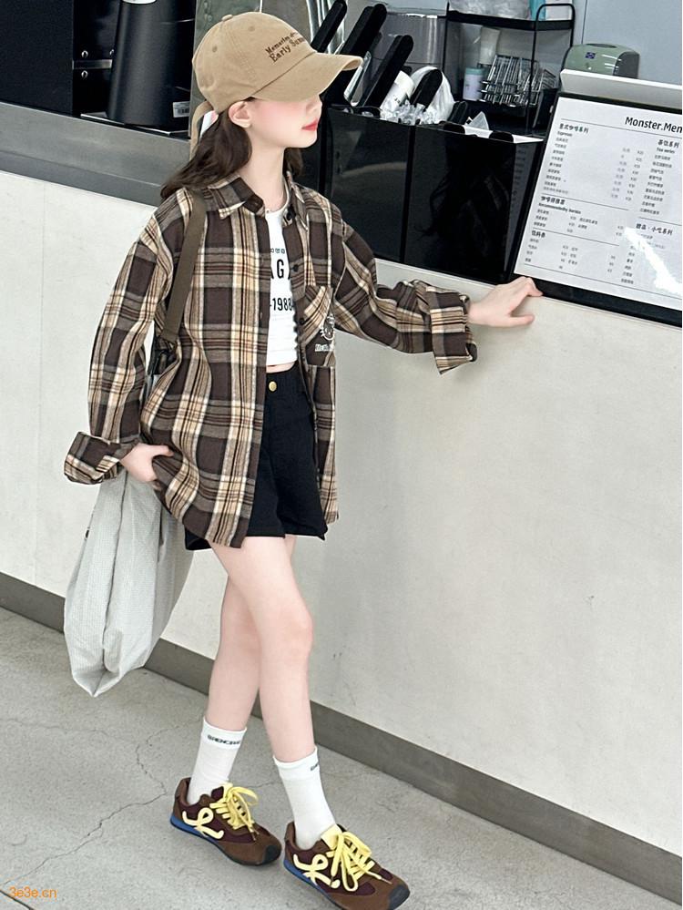 Girls' Plaid Long-Sleeve Shirt Jacket for Autumn 2025 - Fashionable Spring Top for Big Kids