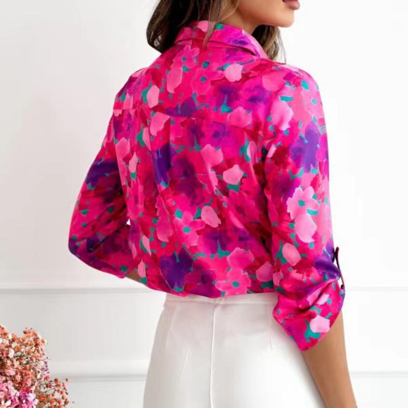 Camicia Vintage a Maniche Lunghe con Stampa Donna Colletto Classico Blusa Casual Top da Ufficio Abbottonatura Camicie Eleganti Larghe Femminili 24189