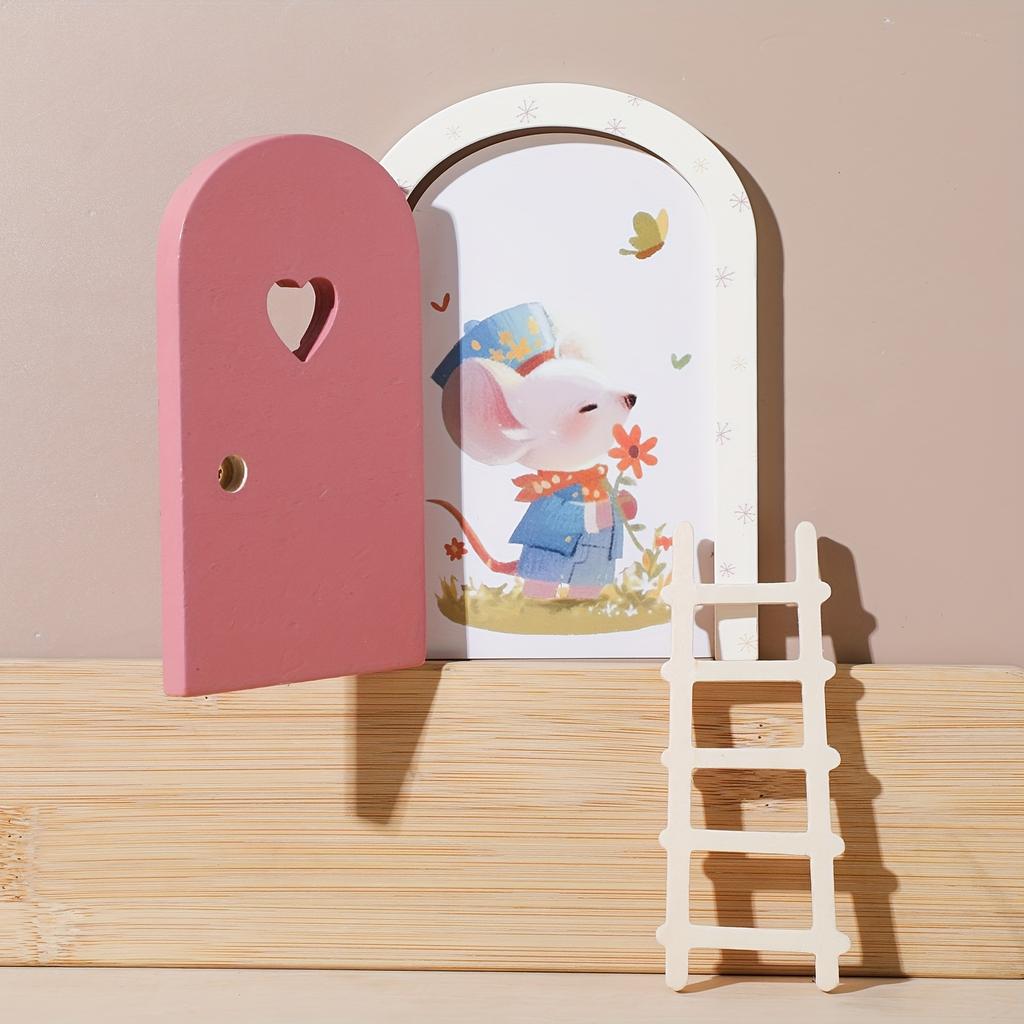 Hölzerne Cartoon-Feentür, Mini-Leiter-Dekoration für Feentür-Ornamente, Bunte Herz-Feentür-Heimdeko, Gedenk-Foto-Requisiten