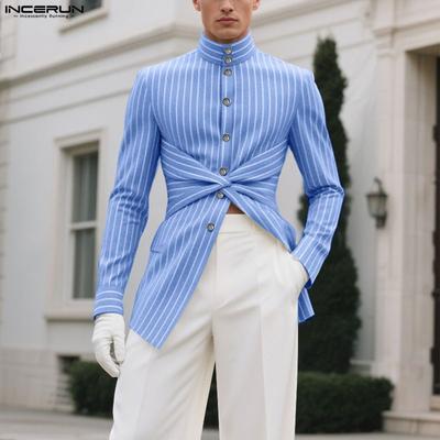 Camicie Casual Larghe da Uomo Oversize a Collo Alto a Maniche Lunghe con Stampa a Righe Intrecciate