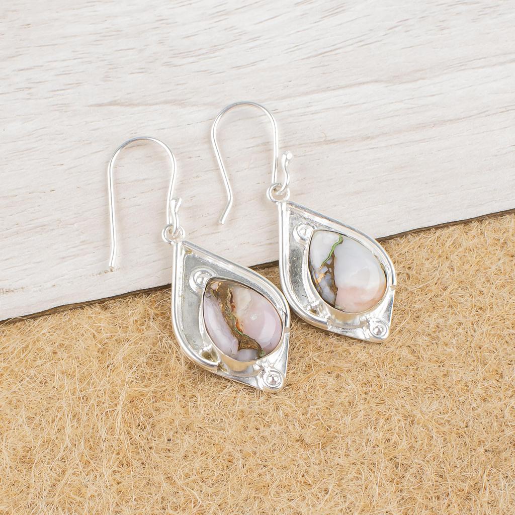 Pink Opal Copper 925 Solid Sterling Silver Earrings, Handmade Gemstone Earrings Jewelry, Gifts For Wife Brand New Earrings