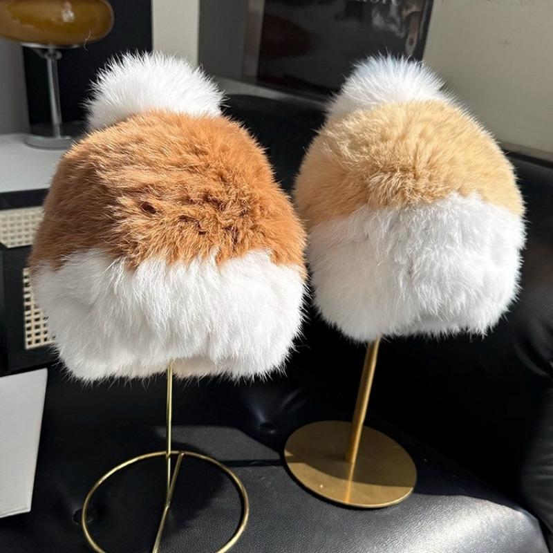 Rabbit Fur Hat Thickened Fluffy Hat Cold-proof and Warm Ear Protection Hat Plush Knitted Hat Headgear Bucket Hat Female