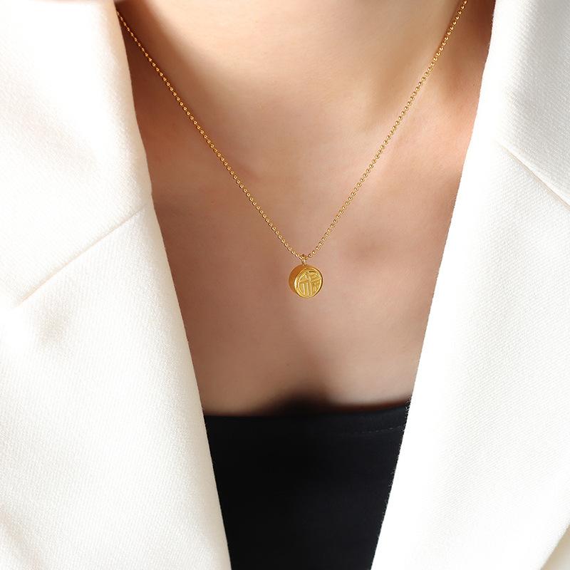 Guofeng Fashion Commuter Niche Design Double Happiness Fu Double-Sided Pendant Necklace Titanium Steel Plated 18K Gold Jewelry