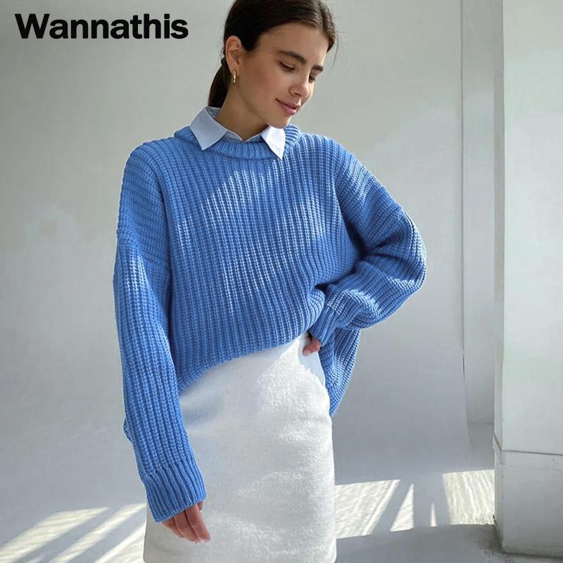 

WannaThis Knit Women Cotton Solid Sweaters Casual Basic Streetwear Осень 2021 Элегантный Винтаж Ежедневный Свободный Стиль Женский свитер