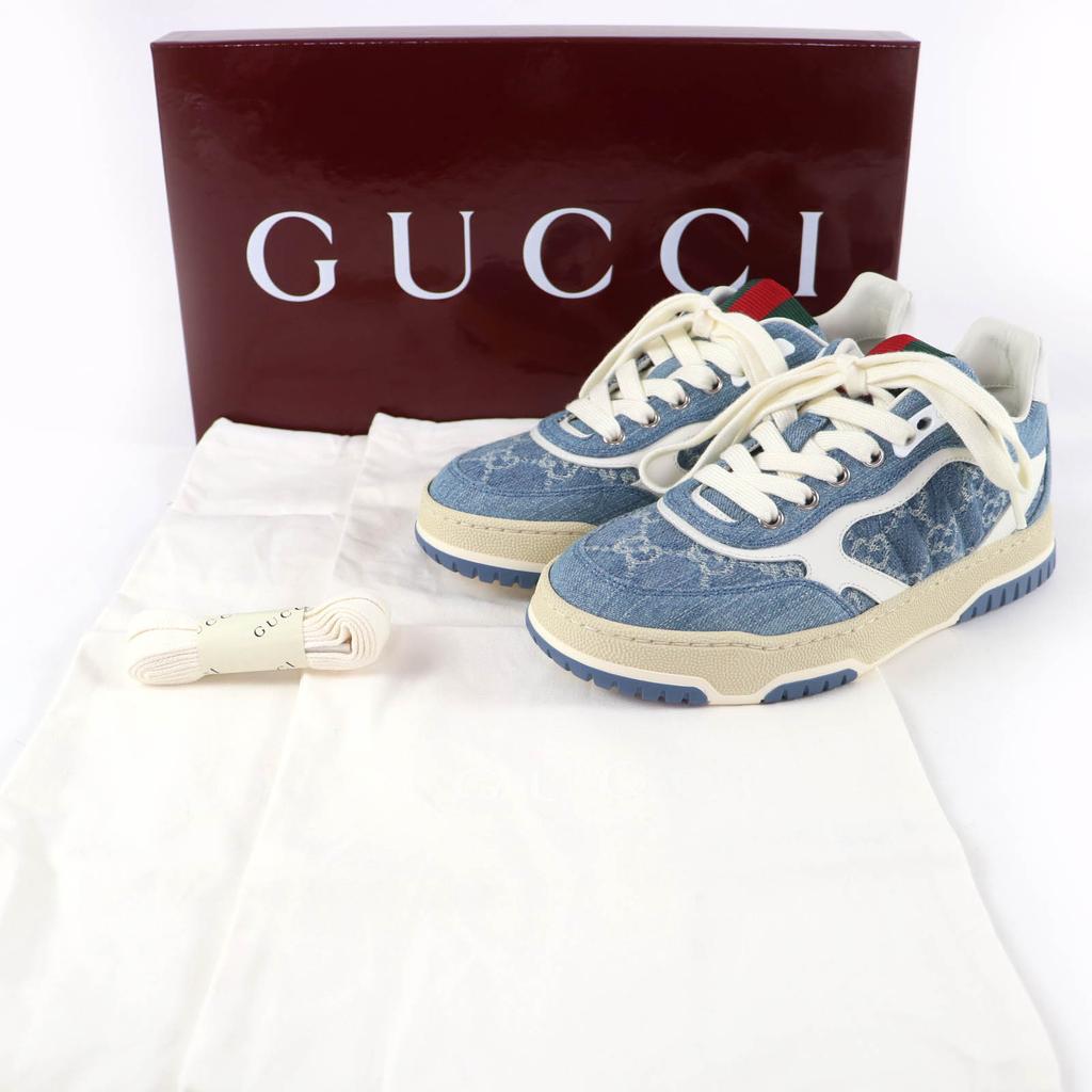 Pristine GUCCI Low Cut Sneakers Reweb GG Denim Leather Indigo Women 35 838831 Used