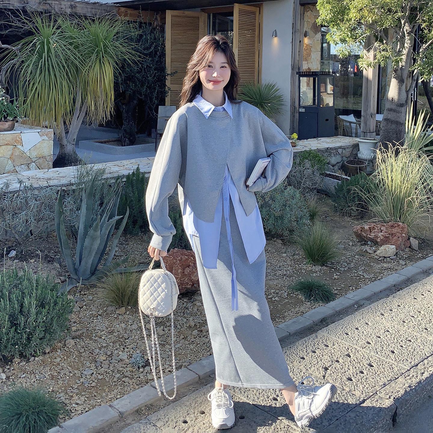 

Women s Casual Loose-Fit Hoodie and Skirt Set - Spring/Autumn 2026 Fashion XL up to 72.5 kg серый