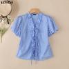 VONDA Women Puff Short Sleeve Bow Knot Striped Casual Ruffled Blouse Tops