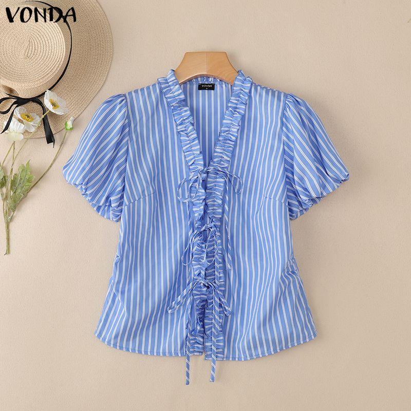 VONDA Women Puff Short Sleeve Bow Knot Striped Casual Ruffled Blouse Tops