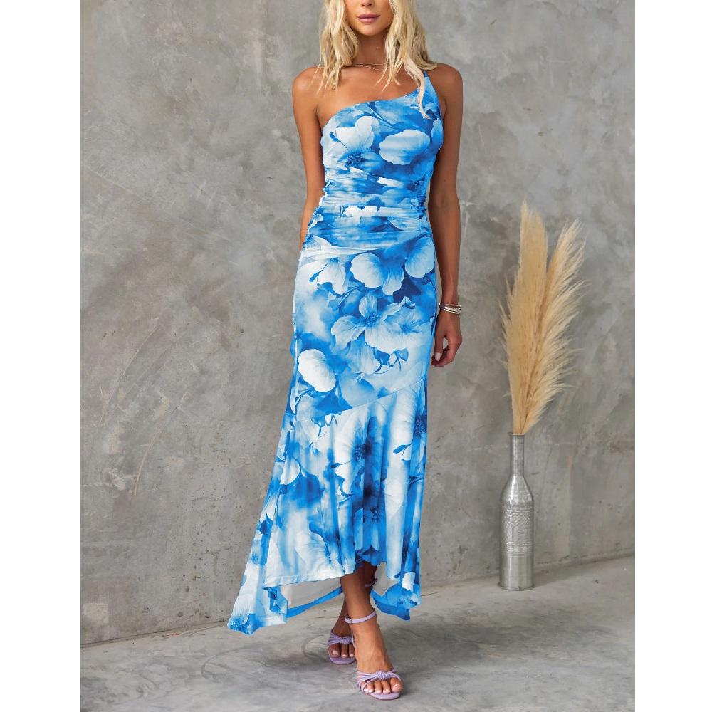 Women Summer Slash Neck Long Dresses Ladies Fashion Floral Printing Ruffle Hem Pleated Bodycon Party Maxi Dress