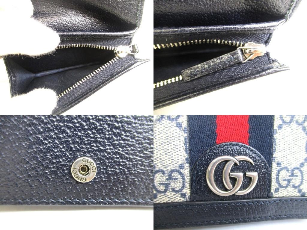 Authentic GUCCI GG Navy Blue Leather Beige Ophidia GG Canvas Bifold Wallet #a933  Refurbished