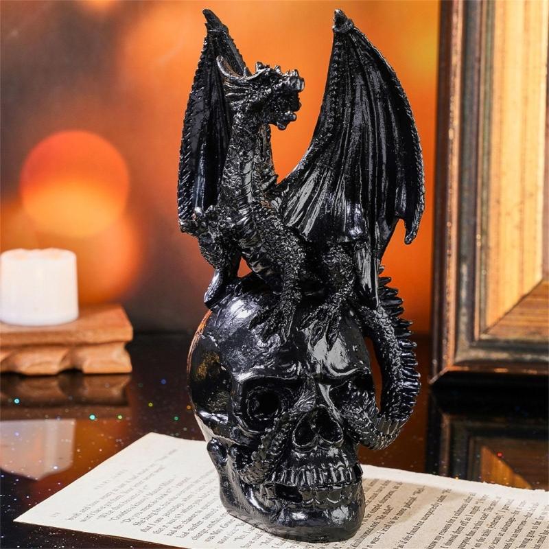 Metal-Look Dragon Skull Statue for Shelf and Desk Display, 17cm Figure for Fantasy Homes and Party Table Styling