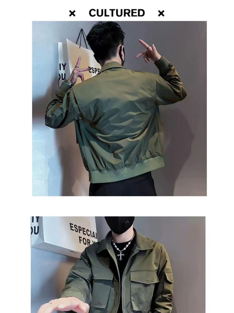 Trendy Men's Solid Color Multi-Pocket Workwear Jacket for Spring & Autumn