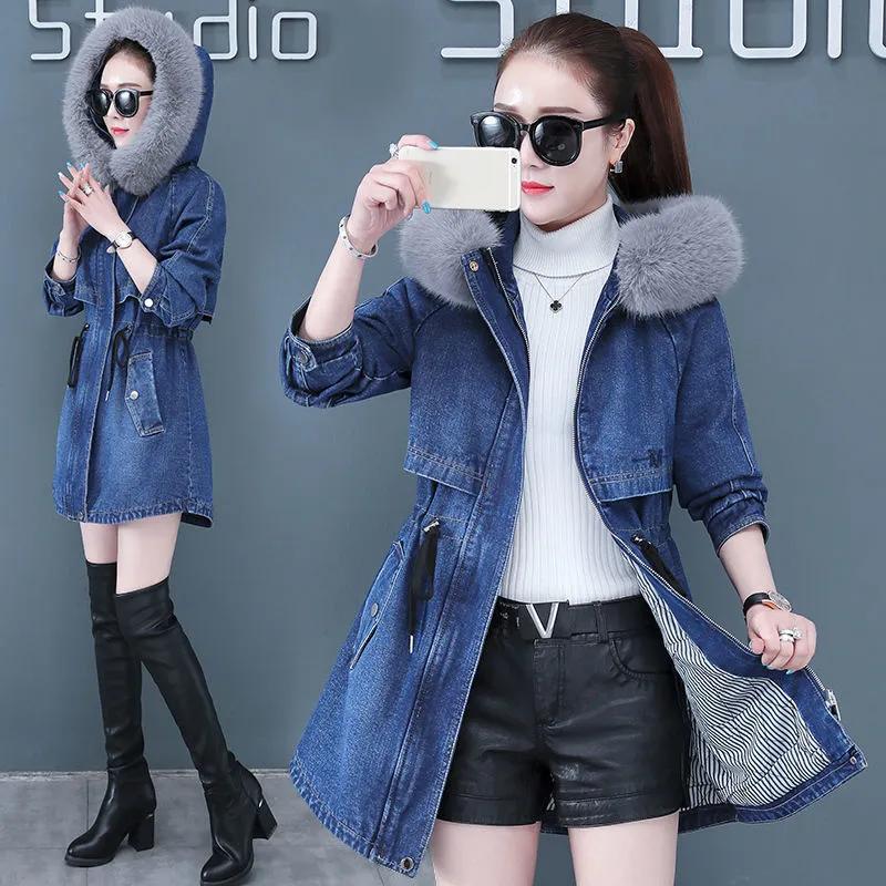 Women's Hooded Denim Jacket Thickened Loose Casual Warm Top Long Sleeve Winter Jacket