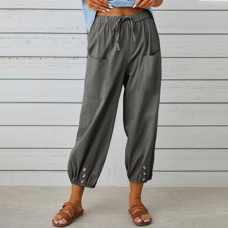 Women's High Waist Linen Pants Loose Fit Cropped Trousers Solid Drawstring Button Casual Fall Harem Pants