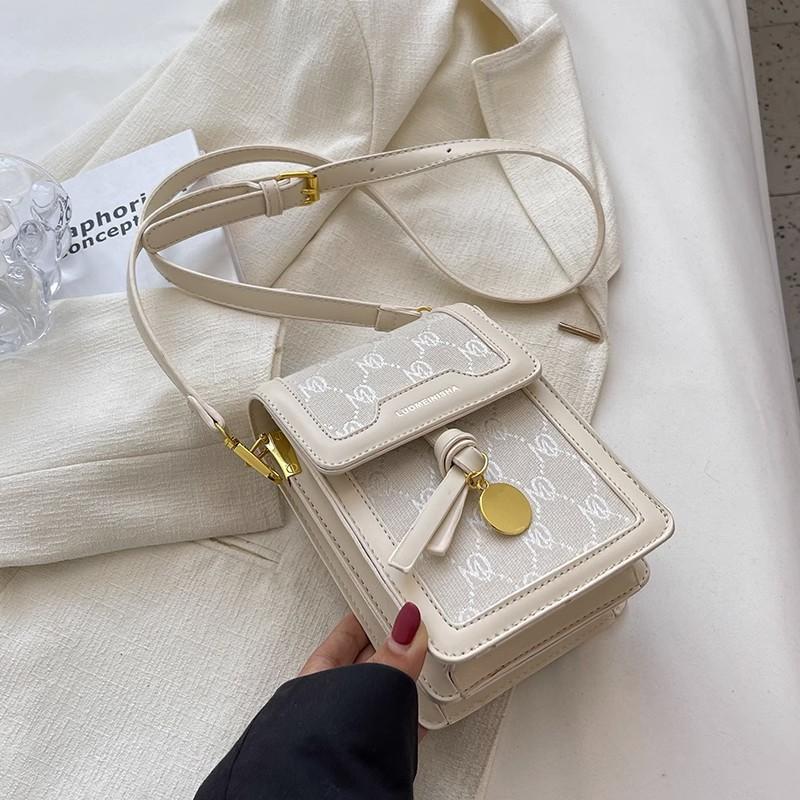 New Mini Cell Phone Bag Retro Geometric Flower Girl Shoulder Bag Fashion with Cover Ladies Crossbody Metal Decoration PU Materia