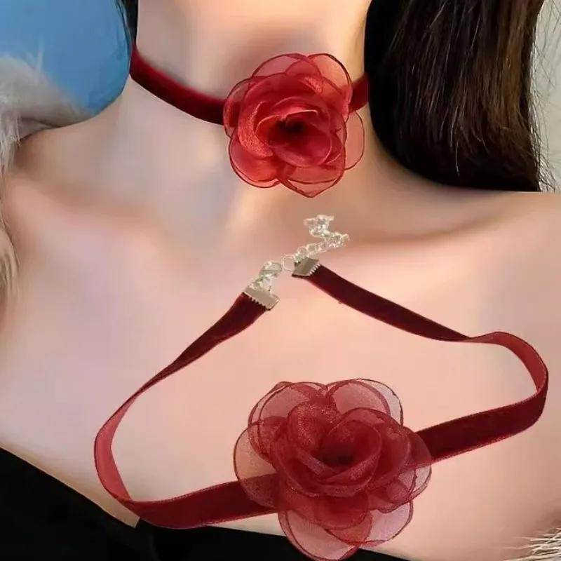 Damen Elegantes Netzblumen-Halsband Damen Bequem Rotes Schwarzes Halsornament Mädchen Leichtes Rosen-Halsband Party Geschenk