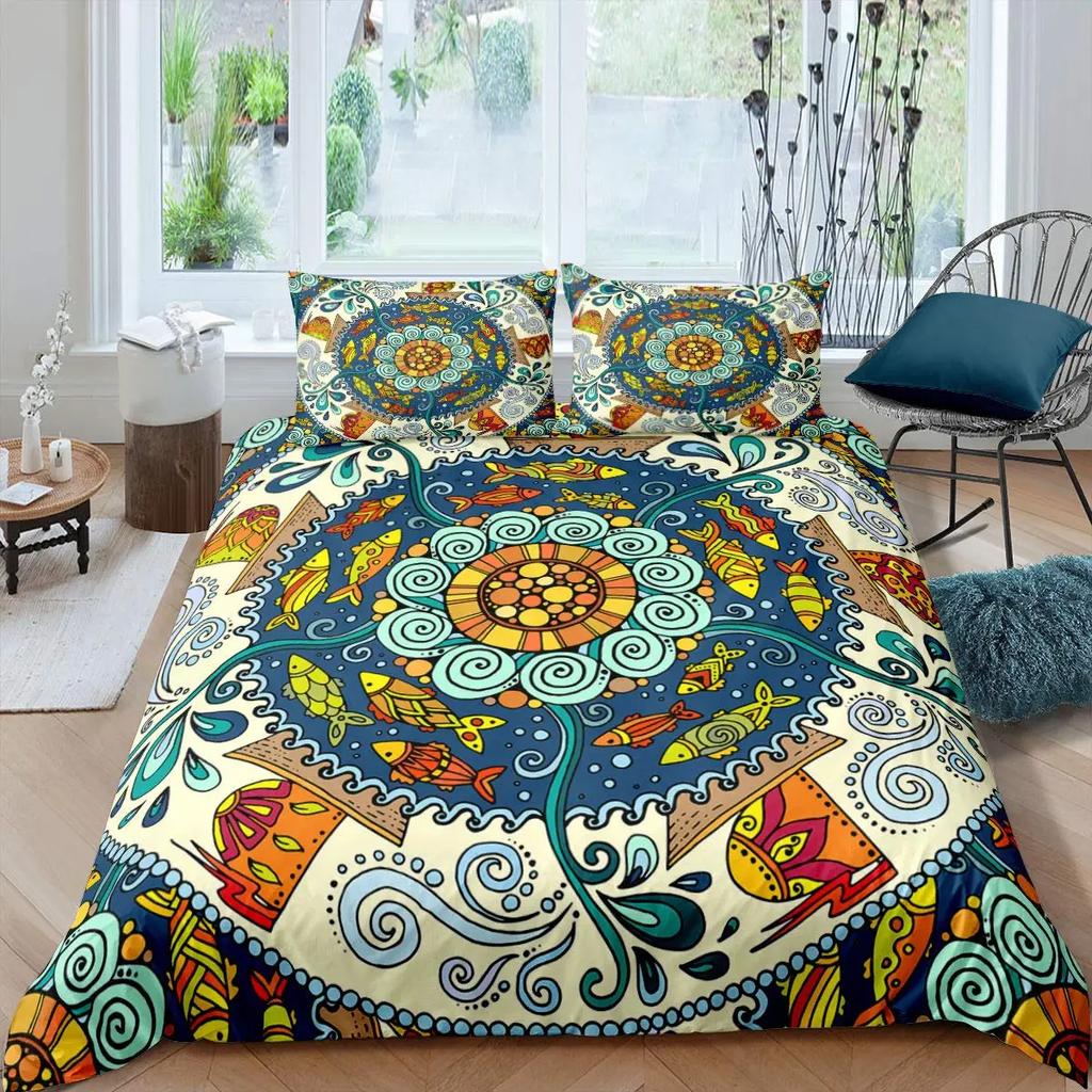 Neon Mandala Duvet Cover Set Full Queen Boho Hippie Bedding Set Ancient Mayan Calendar 3D Print Abstract Comforter Cover 2/3Pcs