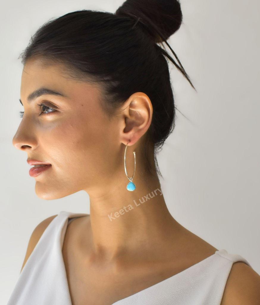 Natural Turquoise hoop earrings, Sterling silver statement earrings, Healing sky blue gemstones, boho vibes beach wear jewelry for Women