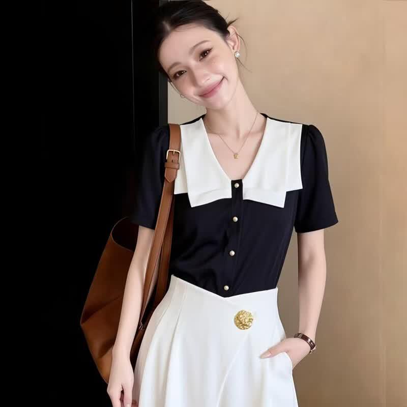 La Chapelle Women s Peter Pan Collar Short Sleeve Shirt S чёрный