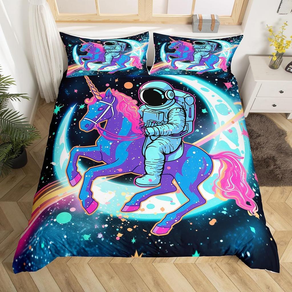 Comforter Kawaii Cartoon Unicorn Girly Fantasy Star Moon Galaxy Bedding Set Twin Queen Size Microfiber Comforter
