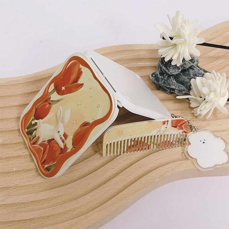 Flower Rabbit Flip-Top Folding Makeup Mirror Portable Pocket Mirror Rectangle Cosmetic Mirror With Comb For Women Girls
