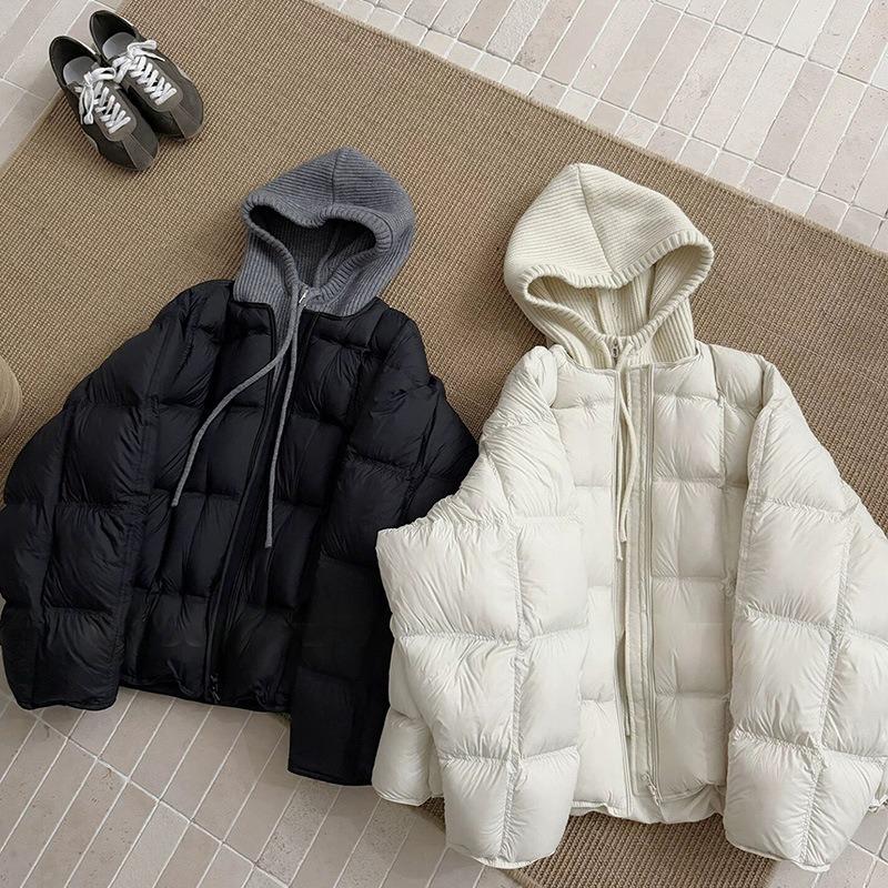 Knitted hooded puff cotton clothes for women, new design sense fake two loose coats