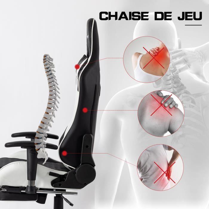 Chaise gamer - Foxsport - Ergonomique - Repose-pieds télescopique - Réglable en hauteur - Cuir blanc