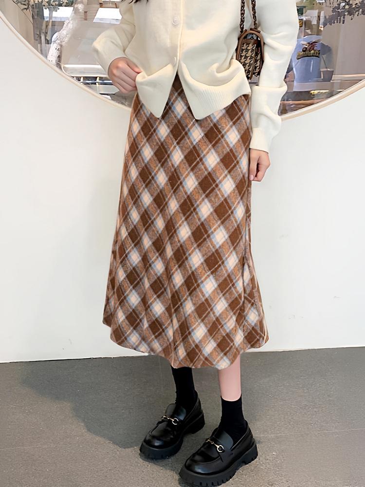 2025 Winter Plus Size Retro Plaid Midi Skirt - Thick Wool for 130-320 Jin