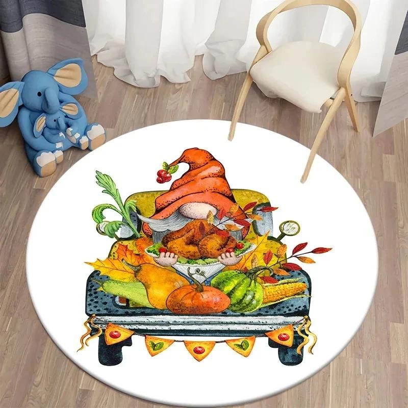 Fall Pumpkin Round Rug for Bedroom Thanksgiving Decor Circle Non Slip Carpet Maple Leaves Floor Mat for Bath Living Room Kitchen