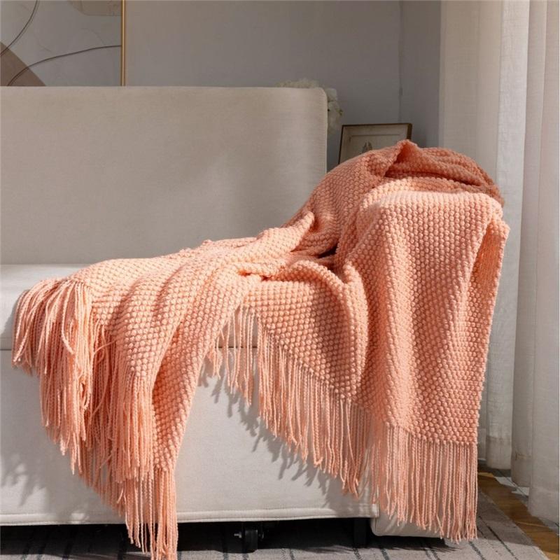 Chunky Knit Tassel Throw Blanket Solid Color Textured Knitted Blanket For Sofa Bed Home Decor