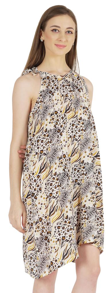 Moomaya Summer Beach Wear Short Dress For Womens Printed Sleeveless Tie-Up Midi