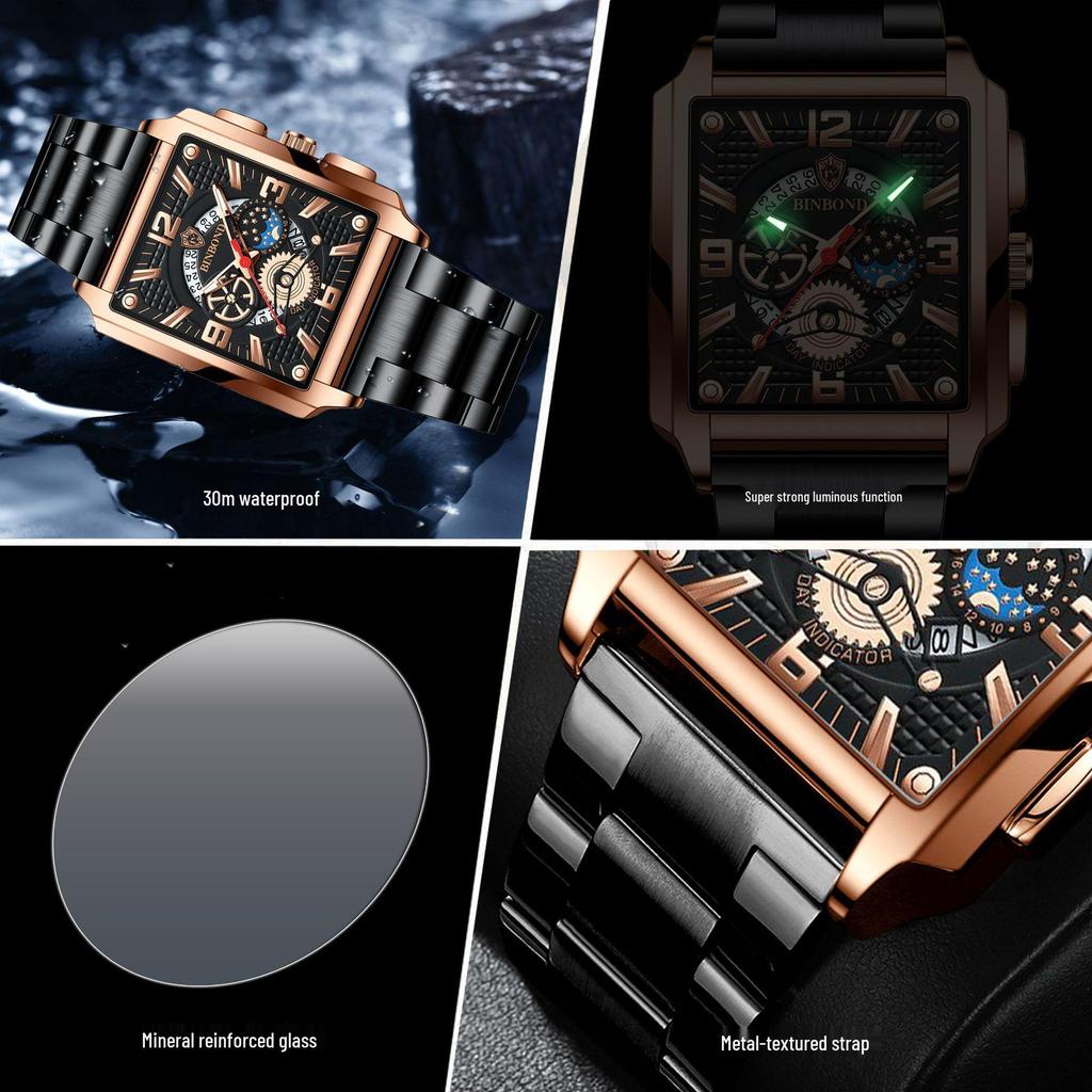 Binbond Men's Retro Multifunctional Waterproof Luminous Square Calendar Watch