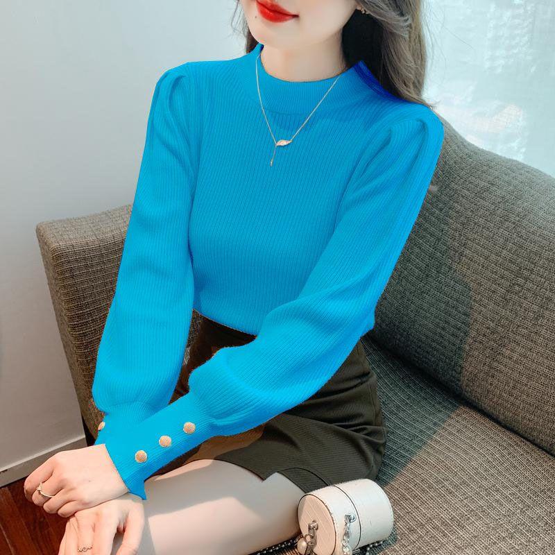 Fashion Autumn Winter Women Sweaters Solid O-Neck Slim Puff Long Sleeve Female Clothing Rose Pink Knitted Casual Pullover Tops