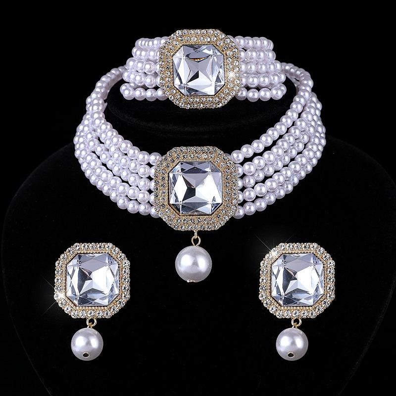 Square Crystal Diamond Earrings Necklace Set Choker Multilayer Bridal Anti-Pearl Necklace Earrings Women