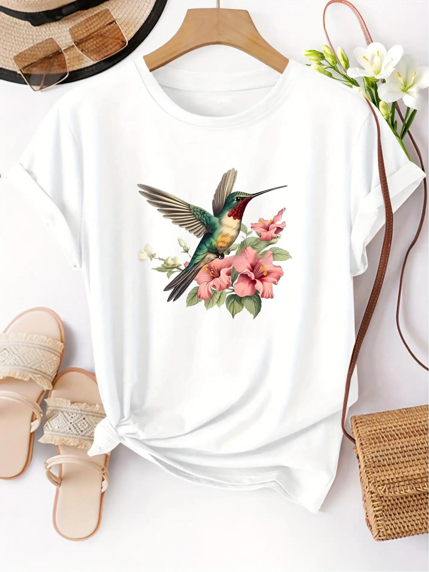 

Clear Lines Cute Small Animals Plants Flower Patterns Fashionable and Elegant Retro Style Women Round Neck Short Sleeved Tshirt S