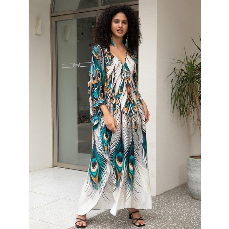 Damenmode Frühling Herbst Farbblockdruck Langarm V-Ausschnitt Lockere Taille Lässige Kleider